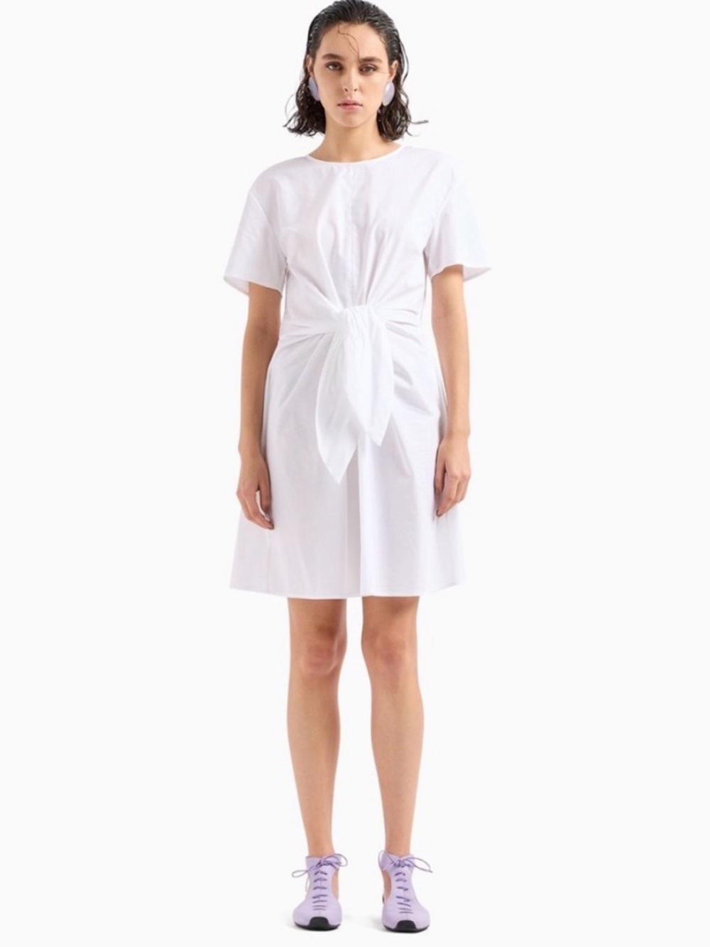 Emporio Armani White Tie-Front Short Sleeve Poplin Dress Size 42